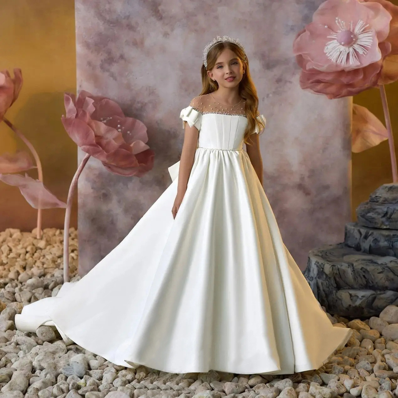 Vestido de novia blanco claro con hombros descubiertos para niñas pequeñas, vestido de fiesta de cumpleaños para niñas de las flores 【Preventa | Envío en 15 días】_voghion.com