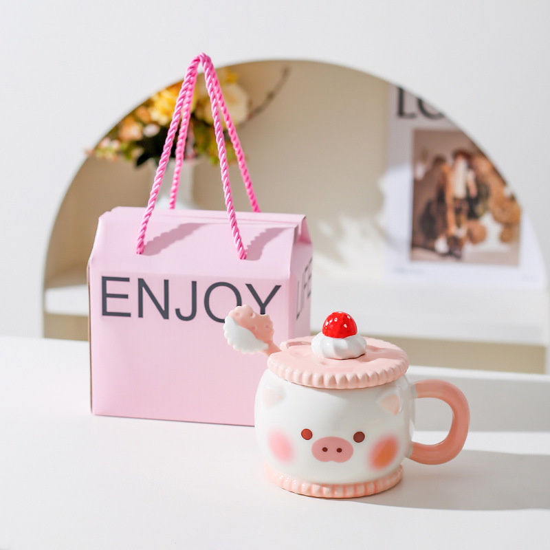 Creativa encantadora caricatura de cerámica taza de regalo rosa de corazón de niña taza de agua con cuchara de cerdo taza de gato