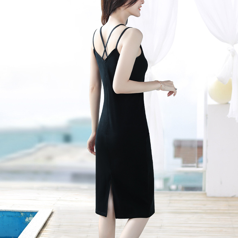 Front and Back V-Neck Black Slim-Fit dress Women's Summer Rear Split New Crossed Belt Beautiful Back Suspenders Long Vic Dress
