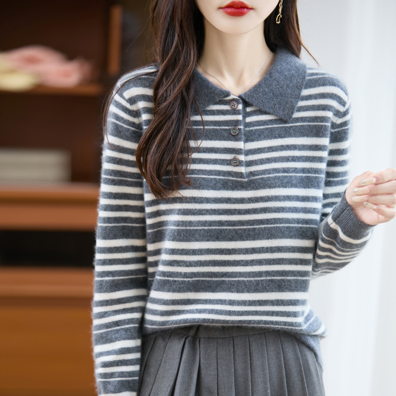 翻领拼色条纹100纯羊毛针织衫女秋冬内搭毛衣长袖女装打底衫上衣|undefined