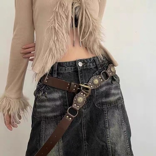 American retro belt for women, new rivet brown belt with jeans, Korean style versatile waist chain trend