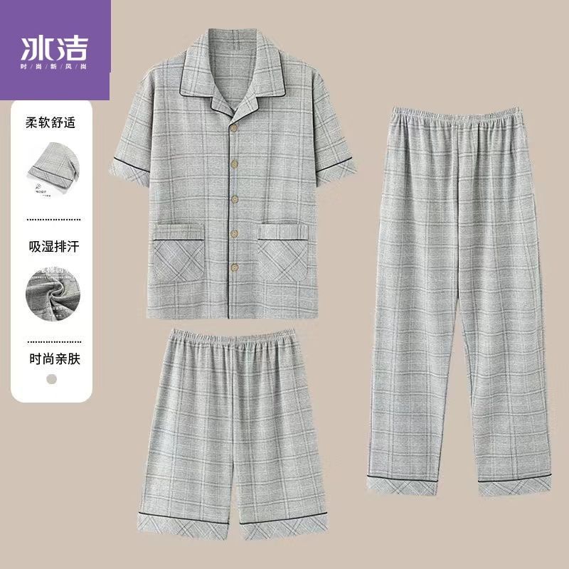 100% pijamas de algodón de los hombres de verano cardigan pantalones cortos de manga corta pantalones de tres piezas delgada más tamaño homewear traje