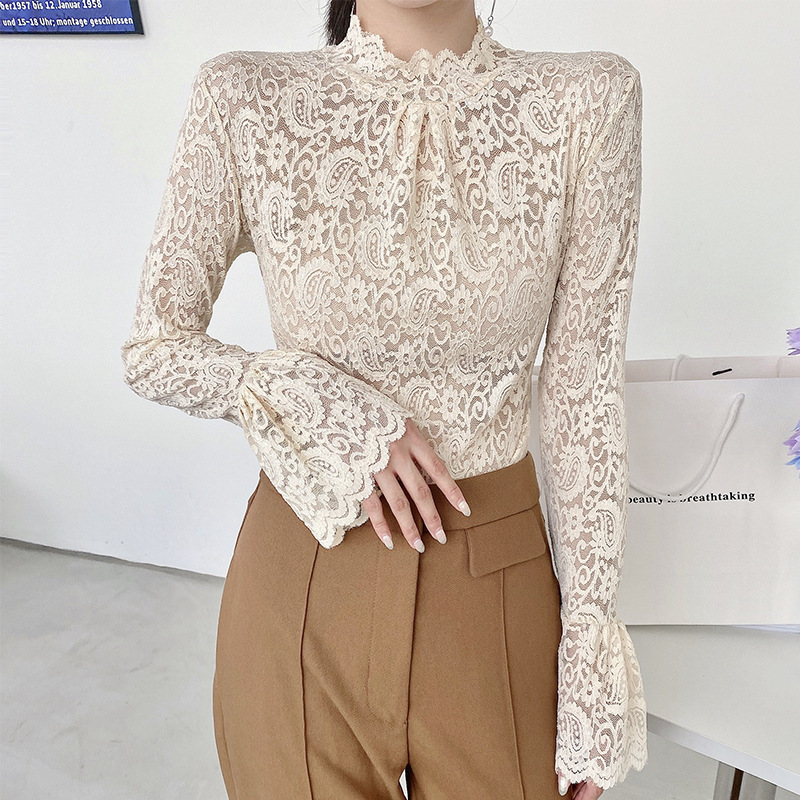 Autumn and Winter new western style lace bottoming shirt long sleeve stretch half turtleneck women's inner bell sleeve fairy small shirt Autumn and Winter new western style lace bottoming shirt long sleeve stretch half turtleneck women's inner bell sleeve fairy small shirt