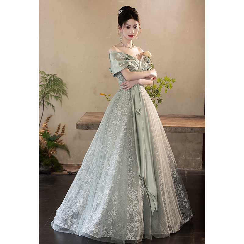 Vestido de noche para examen de canto estudiantil, estilo nuevo 2026, con hombros descubiertos, largo y elegante, para sesión de fotos de graduación
