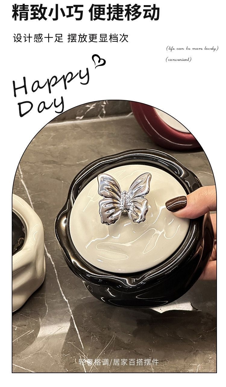 Ceramic ashtray with lid to prevent ash from flying, suitable for home living room tabletop decoration, light luxury, high aesthetic value, creative office ashtray