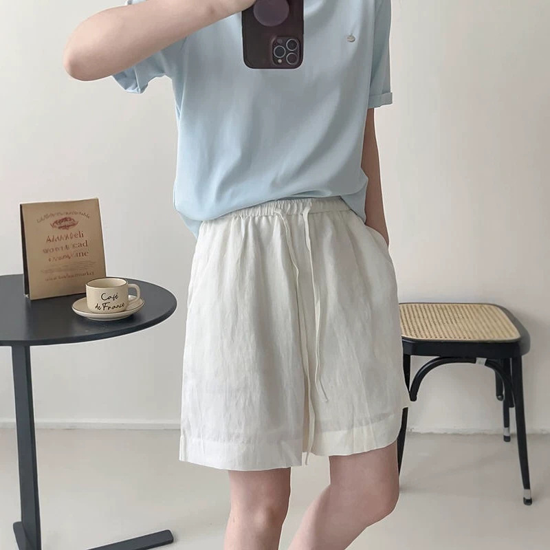 White Linen Cropped Wide-Leg Shorts for Women 2025 Summer Elastic Waist Drawstring Versatile Slimming Casual Shorts White Linen Cropped Wide-Leg Shorts for Women 2025 Summer Elastic Waist Drawstring Versatile Slimming Casual Shorts
