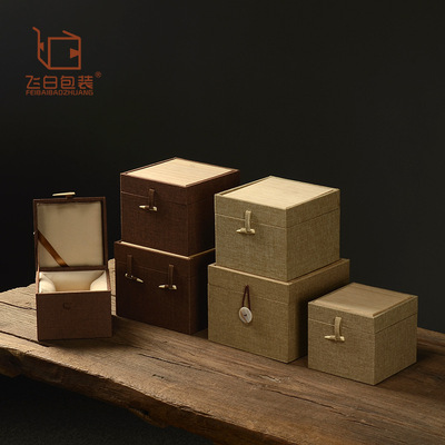 桐木顶咖麻布盒简约骨针贝壳扣礼品包装口杯紫砂壶建盏收纳盒批发|ru