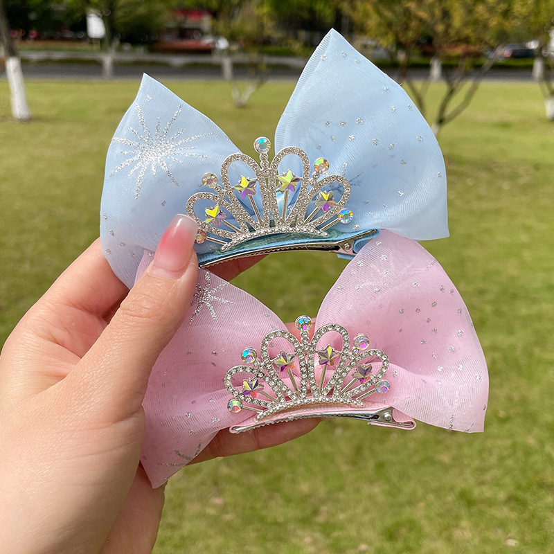 2024新品儿童蕾丝爱莎公主皇冠蝴蝶结发夹立体网纱头饰小女孩发饰