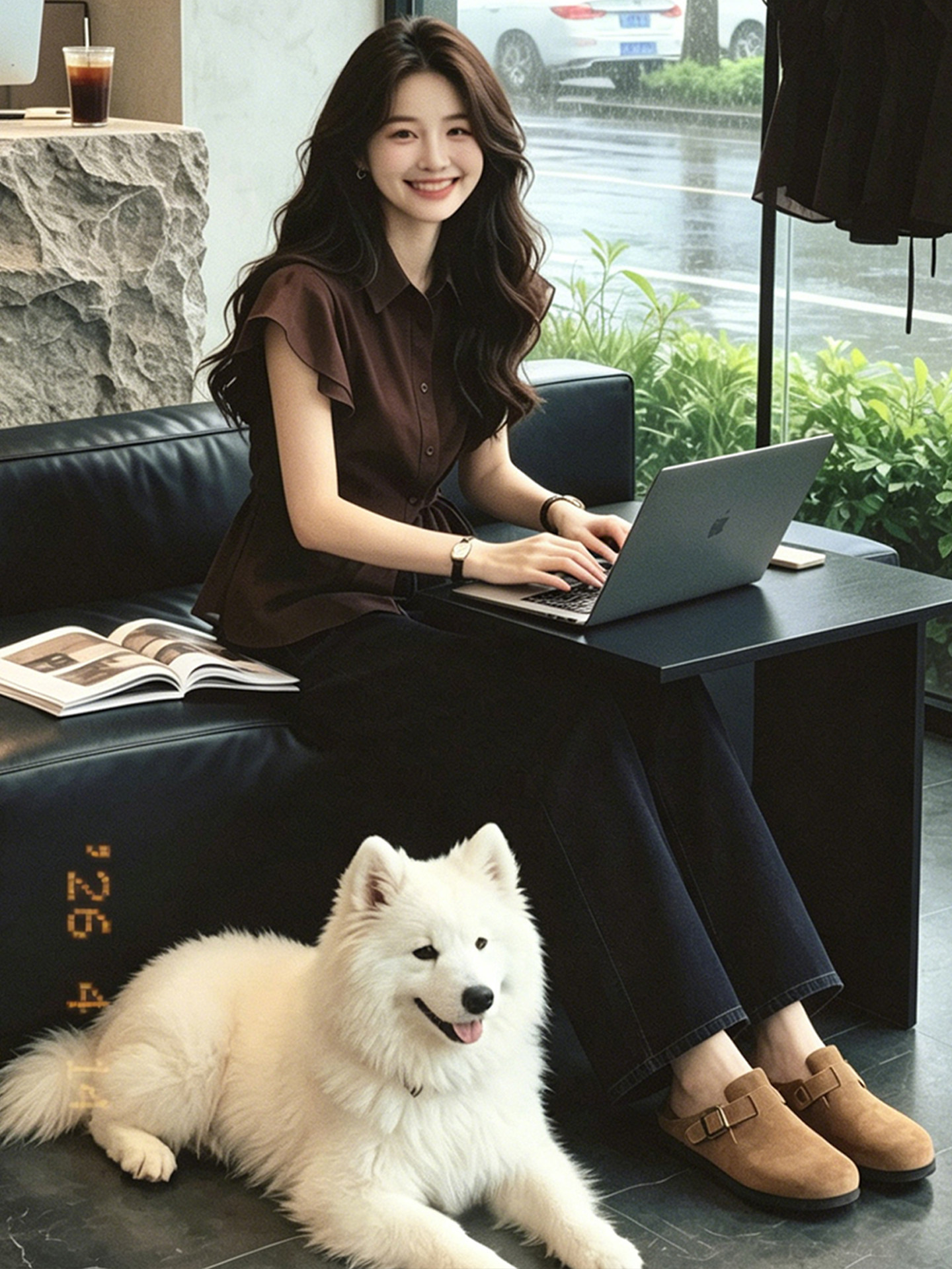 Áo sơ mi ngắn tay nữ màu cà phê, thiết kế thắt lưng eo, phong cách thời thượng — Màu ảnh