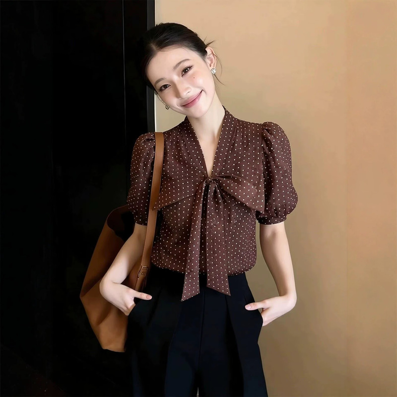 Brother's Boutique Quality Summer New Vintage Elegant Polka Dot Shirt with Bow Tie and Puff Sleeves, Stylish Top Brother's Boutique Quality Summer New Vintage Elegant Polka Dot Shirt with Bow Tie and Puff Sleeves, Stylish Top