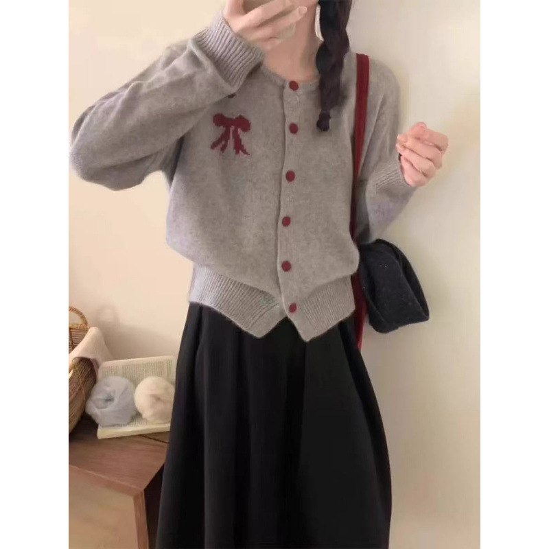春秋短款高品质宽松圆领针织开衫新款减龄蝴蝶结毛衣上衣外套|undefined