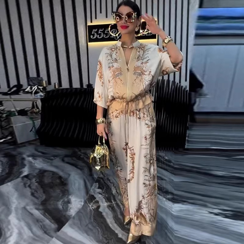 2026 Summer New European and American Amazon Fashion Three-Dimensional Floral Print Baseball Jacket and Drawstring Pants Two-Piece Set