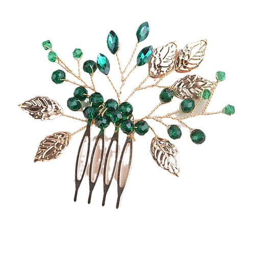 Cross-border Bestselling Alloy Water Drill Insert Comb Handmade Leaf Emerald Crystal Hair Accessories Ancient Chinese Costume Accessory Hair Comb