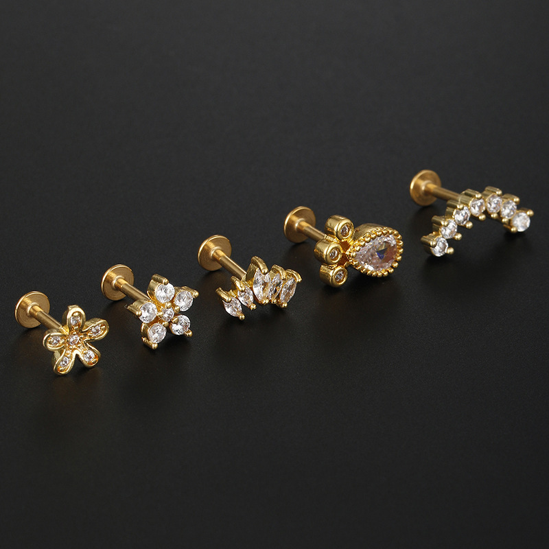 Hip-Hop Geometric Flower Stainless Steel Inlay Zircon lip stud 1 Piece