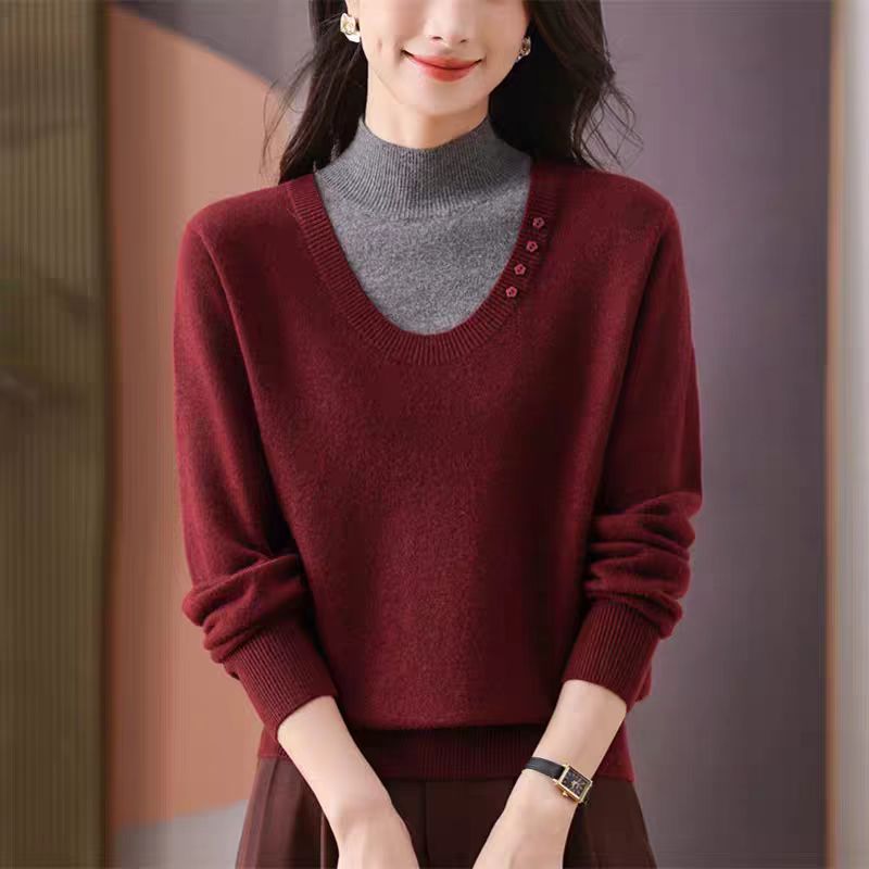 羊绒毛衣女25秋冬新款假俩件针织打底衫女洋气妈妈装拼色内搭上衣
