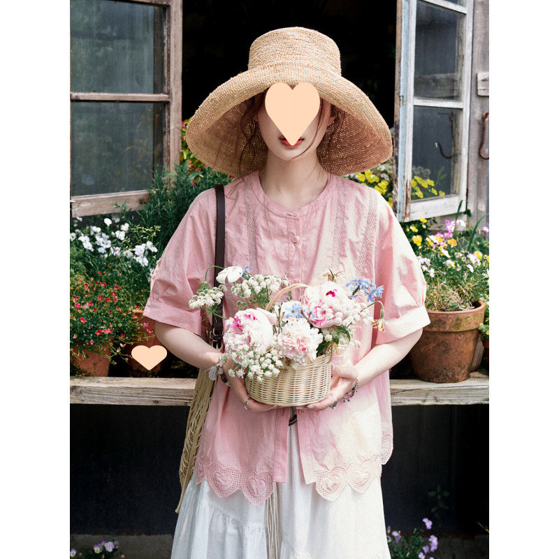 Air Wash Love Embroidered Loose Shirt Women's Summer New Sweet and Fresh Round Neck Temperament Versatile Cotton Top