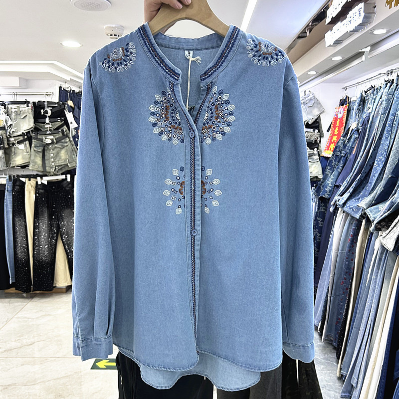 European-Style Heavy Embroidery Stand-Collar Denim Shirt for Women, New Spring and Autumn Vintage Ethnic Style Loose Long-Sleeve Cardigan Top