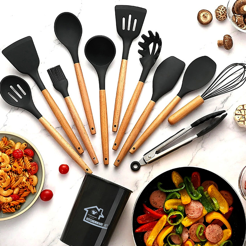 Utensilios de cocina de silicona transfronterizos 12 piezas de cocina sartén antiadherente mango de madera pala de silicona cuchara traje de cocina utensilios de cocina domésticos