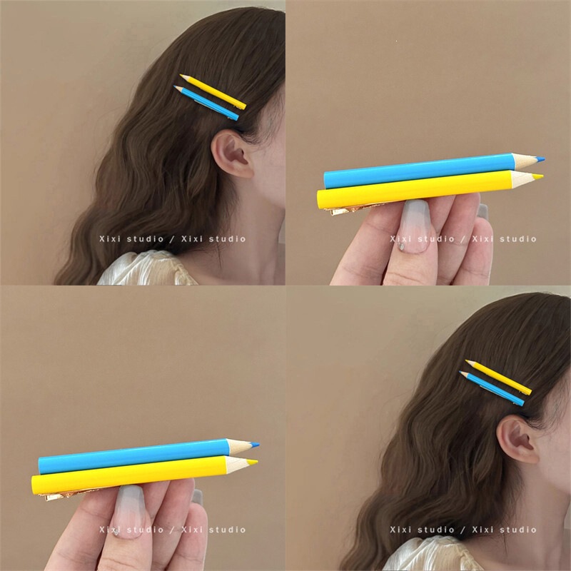 Dopamine-inspired pencil hair clips for women, featuring a fun and artistic design, perfect for styling bangs and side hair, with a duckbill clip for a creative and cute look Dopamine-inspired pencil hair clips for women, featuring a fun and artistic design, perfect for styling bangs and side hair, with a duckbill clip for a creative and cute look