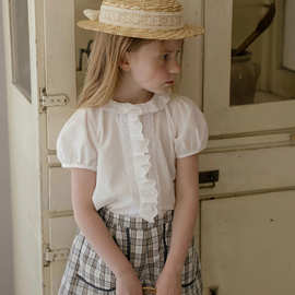 现货 童装春夏季格子裤两件套短袖荷叶花边白衬衣格子短裤童套装