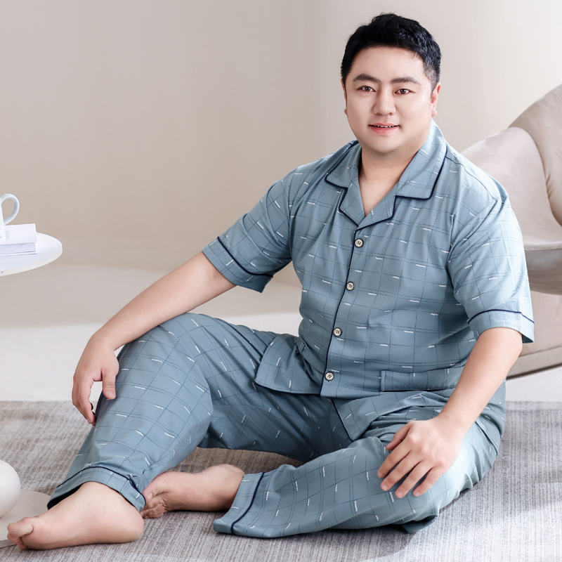 Plus Size Men's Pajamas 7XL New Spring and Summer Cotton Short-Sleeve Long Pants Extra Large Loose Home Wear for Big Guys 180kg