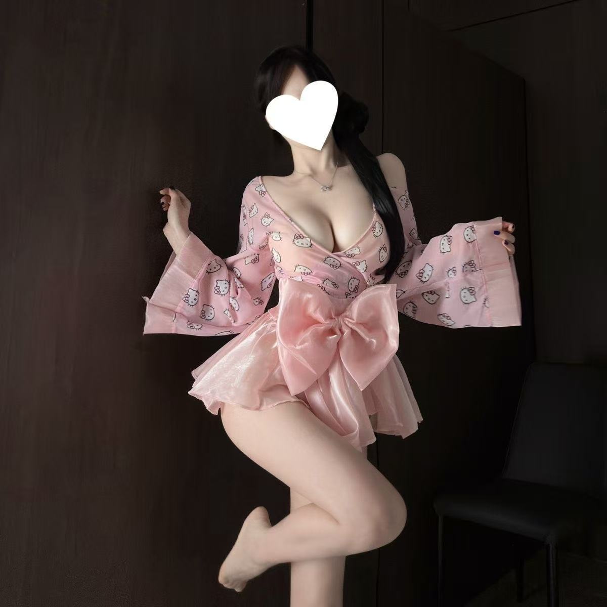 Japanese-Style Kitty Cat Print Kimono Lingerie Set with Bow Tie and Deep V — detail image 3