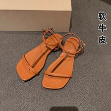 法式绝美凉鞋女新款夏季夹脚趾方头露趾一字带平底沙滩罗马鞋