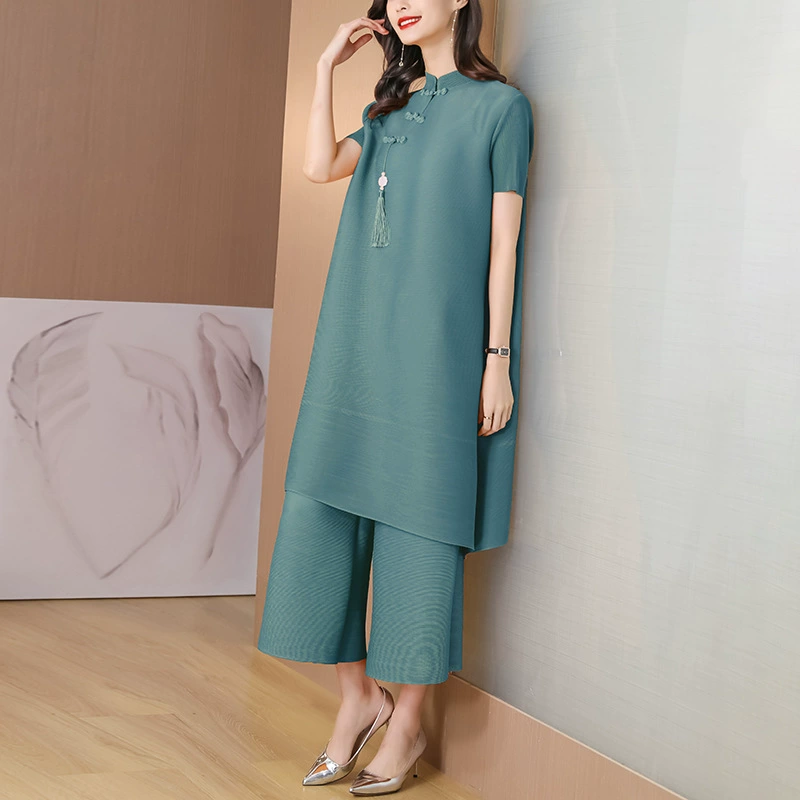 2021 Sanzhai плиссированный летний модный костюм из двух частей в западном стиле, модный уменьшающий возраст стройнящий широкие брюки, костюм с юбкой