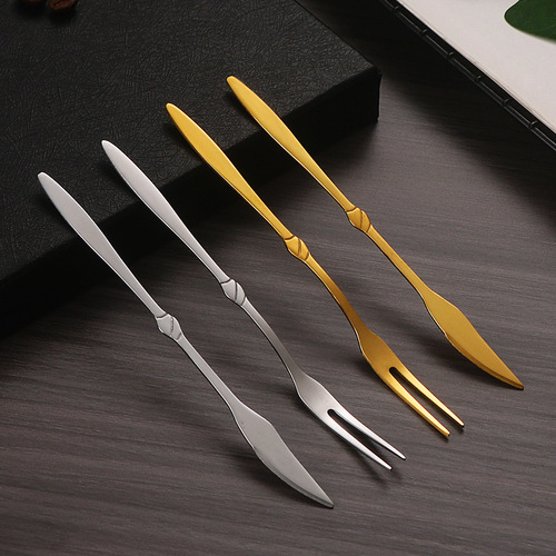 Stainless steel new moon cake knife, fork and spoon, creative fruit fork, cake dessert spoon, two-tooth dual-purpose fork, golden cake knife