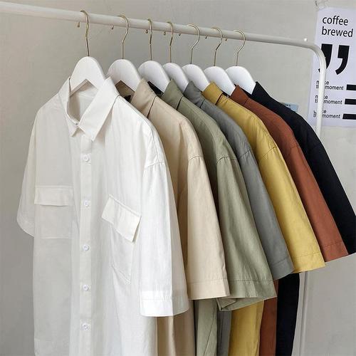 Summer Color Short Sleeve Shirt Men Loose Japanese Style Workwear Five-Button Up Shirt Hong Kong Style White Trendy Half-Sleeve Shirt