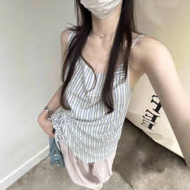 夏季新款小众设计感不规则条纹学院风宽松绑带无袖背心吊带上衣女