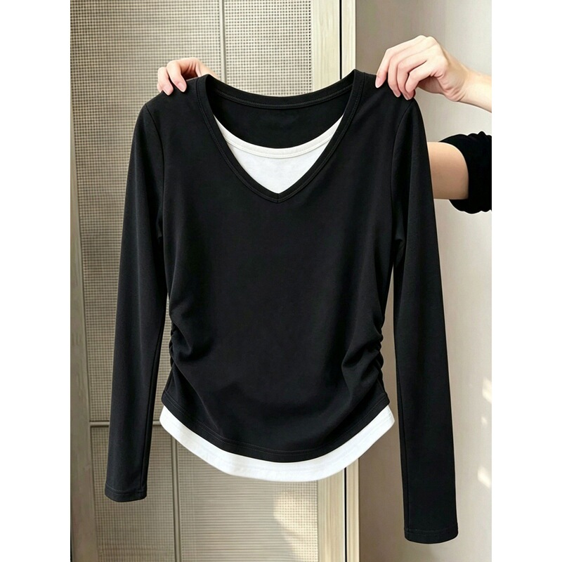 Nanyou high-end women's long-sleeved T-shirt, cotton, new spring/autumn collection, Parisian designer style, versatile two-piece look, slim fit Nanyou high-end women's long-sleeved T-shirt, cotton, new spring/autumn collection, Parisian designer style, versatile two-piece look, slim fit