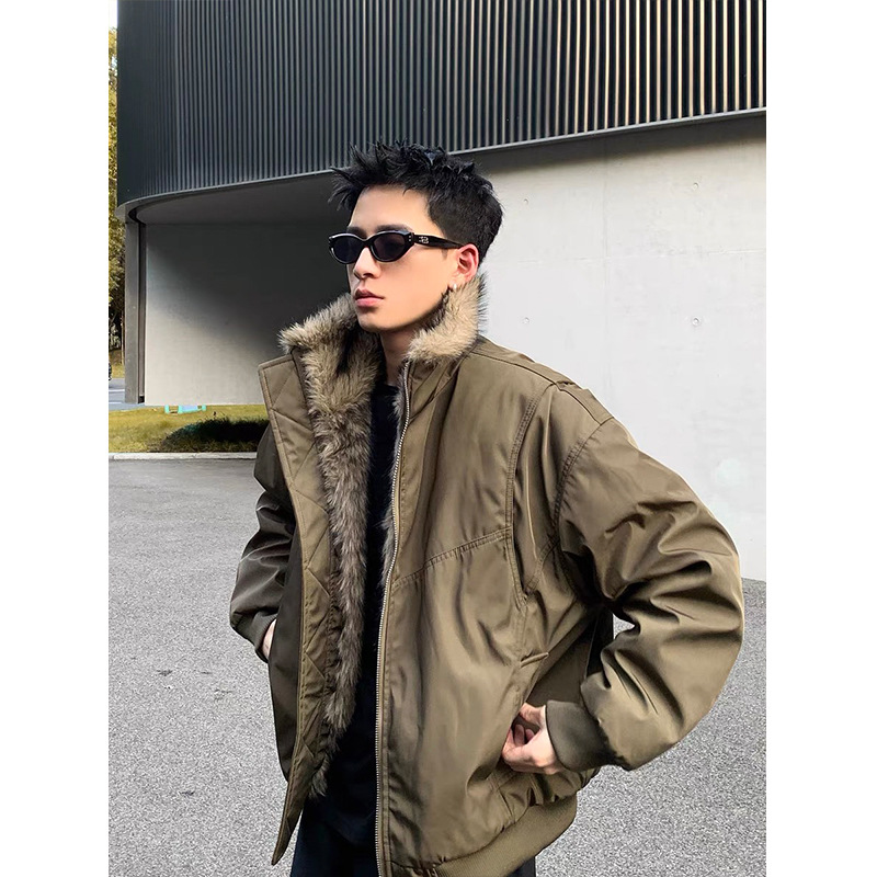 카키 스탠드 칼라 재킷면 패딩 재킷 남성용 모피 칼라 산 조각 작업복이 두껍게된면 패딩 재킷 미국 스타일 해체 짧은면 패딩 재킷