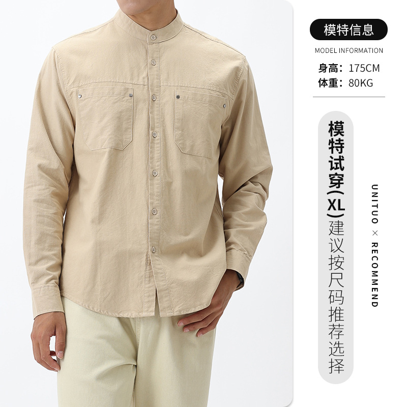 Camisas de algodón de primavera y otoño Waffle Henry cuello camiseta de manga larga camiseta de hombre chaqueta casual hombre