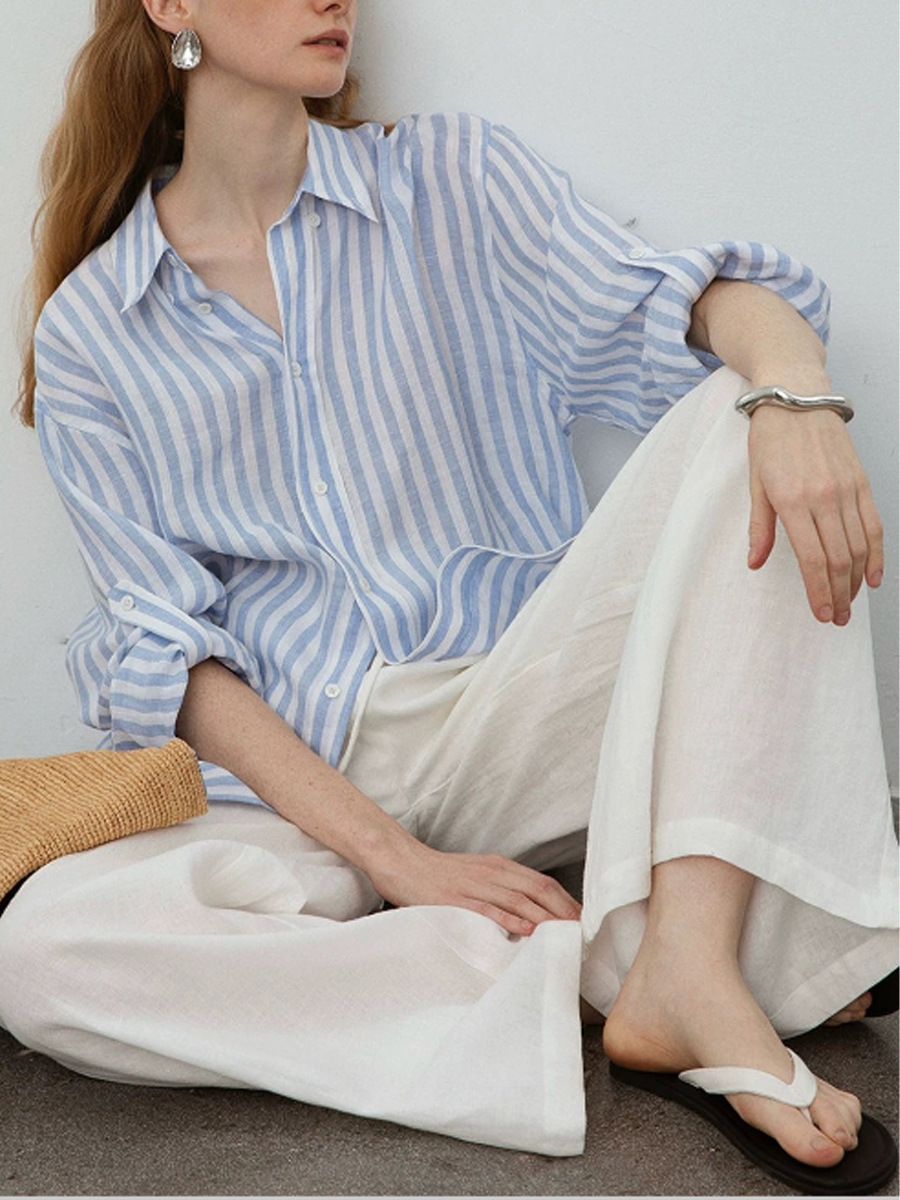 Áo sơ mi nữ linen sọc xanh trắng dáng rộng chống nắng mùa hè — Sọc xanh trắng chi tiết 1
