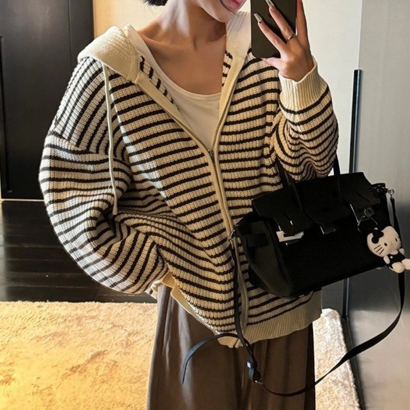 秋冬新款条纹毛衣女外套慵懒风宽松大版设计感连帽拉链针织开衫女|undefined