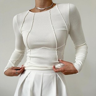 European and American slim-fit anti-car split long-sleeved round neck T-shirt women's cross-border new autumn lightweight all-matching solid color bottoming shirt