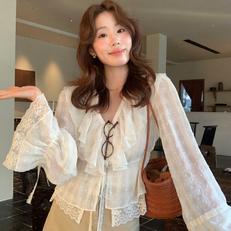 Lemon Green Tea 2026 Spring French Design Lace-Up Ruffle Lace Patchwork Shirt Women's Flare Sleeve Top