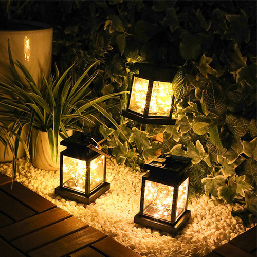 Solar-powered small palace lantern LED copper wire star hanging lamp waterproof courtyard villa garden landscape candle decoration lamp