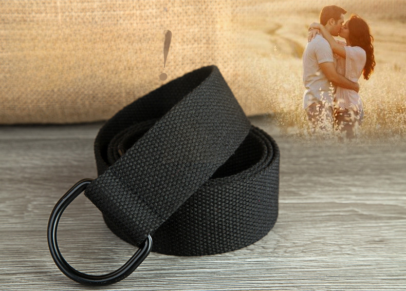 Double-loop Canvas Belt Men's and Women's Black D-shaped Buckle Cloth Belt Half-ring Long Canvas Belt_voghion.com