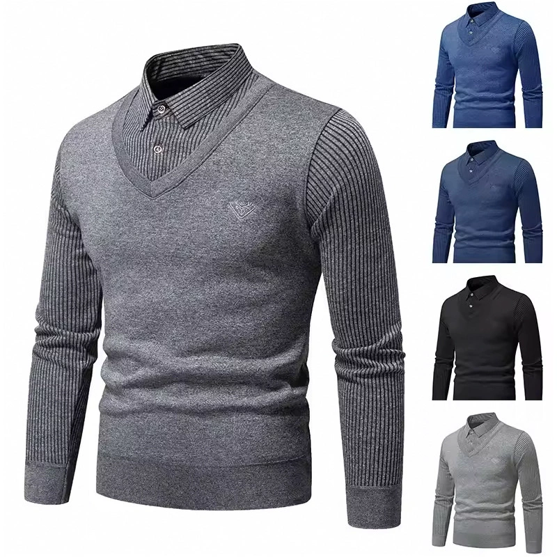 Осень и зима новый трансграничный оптовый вязаный свитер мужской свитер нижний свитер стройный плюс бархатный поддельный два свитера рубашка с воротником