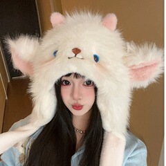 冬季卡通小羊毛绒帽显脸小氛围感雷锋帽保暖捏捏耳朵会动可爱百搭