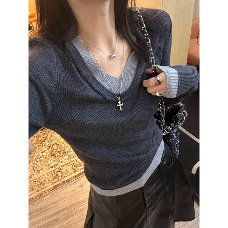 Kaning Fake Two-Piece V-Neck Knitted Bottoming Shirt for Women Autum New High-Bottom Inner Sweater Slim Top Trendy