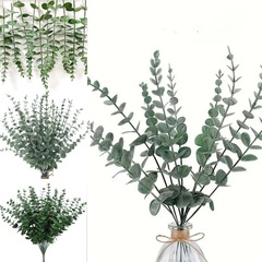 模擬緑の植物、国境を越えた人工ユーカリの葉、木の幹、単一のユーカリの葉、緑の枝、装飾的な家庭用家具
