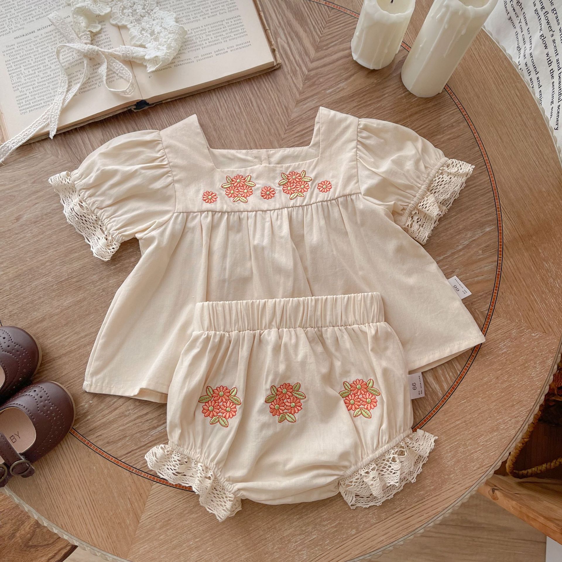 INS Summer Baby Embroidered Flower Short-sleeved Top + Bud Shorts Baby Girl Lace Two-piece Set