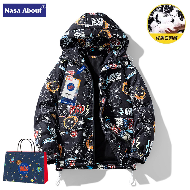 NASA Dragon Ball creativo graffiti stand collar abajo chaqueta hombres pareja invierno cálido engrosada 90 pato blanco abajo marea