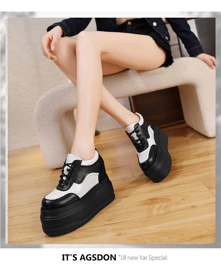 Giày trắng da thật tăng chiều cao 12cm, đế xuồng platform đa năng — Trắng đen-10 chi tiết 14