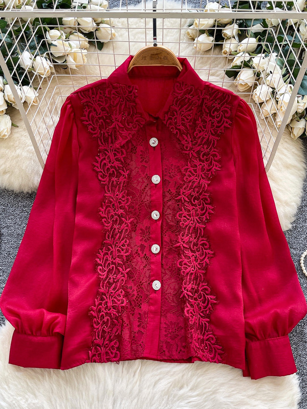 French-Style Sophisticated Heavy Lace Splicing Long-Sleeve Single-Breasted Shirt for Women, 2025 Autumn Court-Style Top