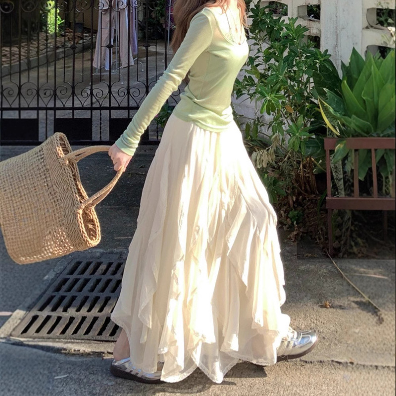 French Retro Heavy Industry Elegant Lace Splicing Skirt Women's High Waist Asymmetrical Ruffle Autum New Long Skirt French Retro Heavy Industry Elegant Lace Splicing Skirt Women's High Waist Asymmetrical Ruffle Autum New Long Skirt