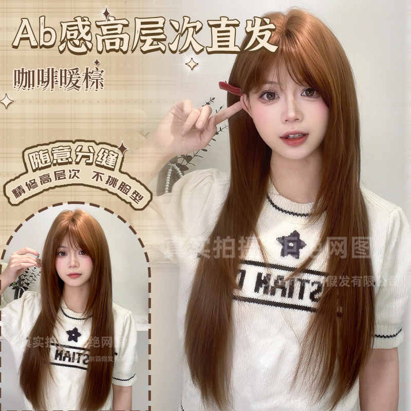 Bully Wig Coffee Warm Brown Long Straight Hair Fashion Daily Aging Refining High Level Girly Sense Full Head Cover Wholesale